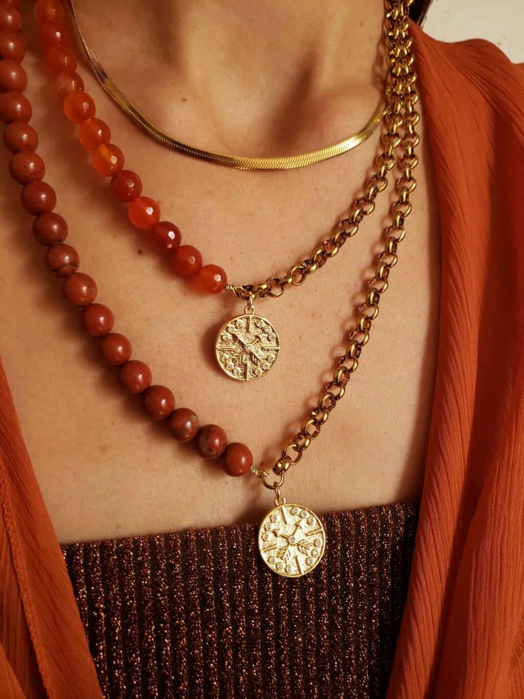 collier perle couleur chaude pierres semi précieuse